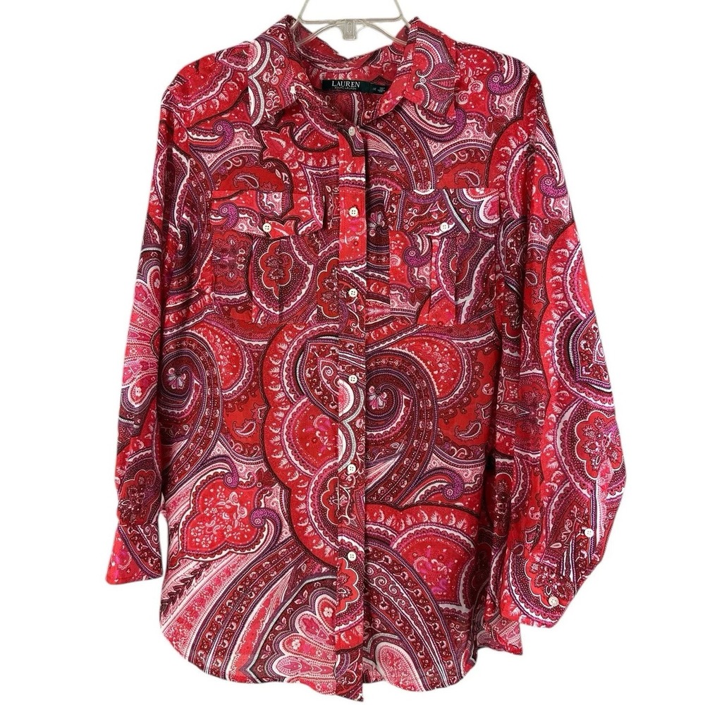 Lauren Ralph Lauren Floral Blouse Sz 1X Silk Button Down Long Sleeve Black Label